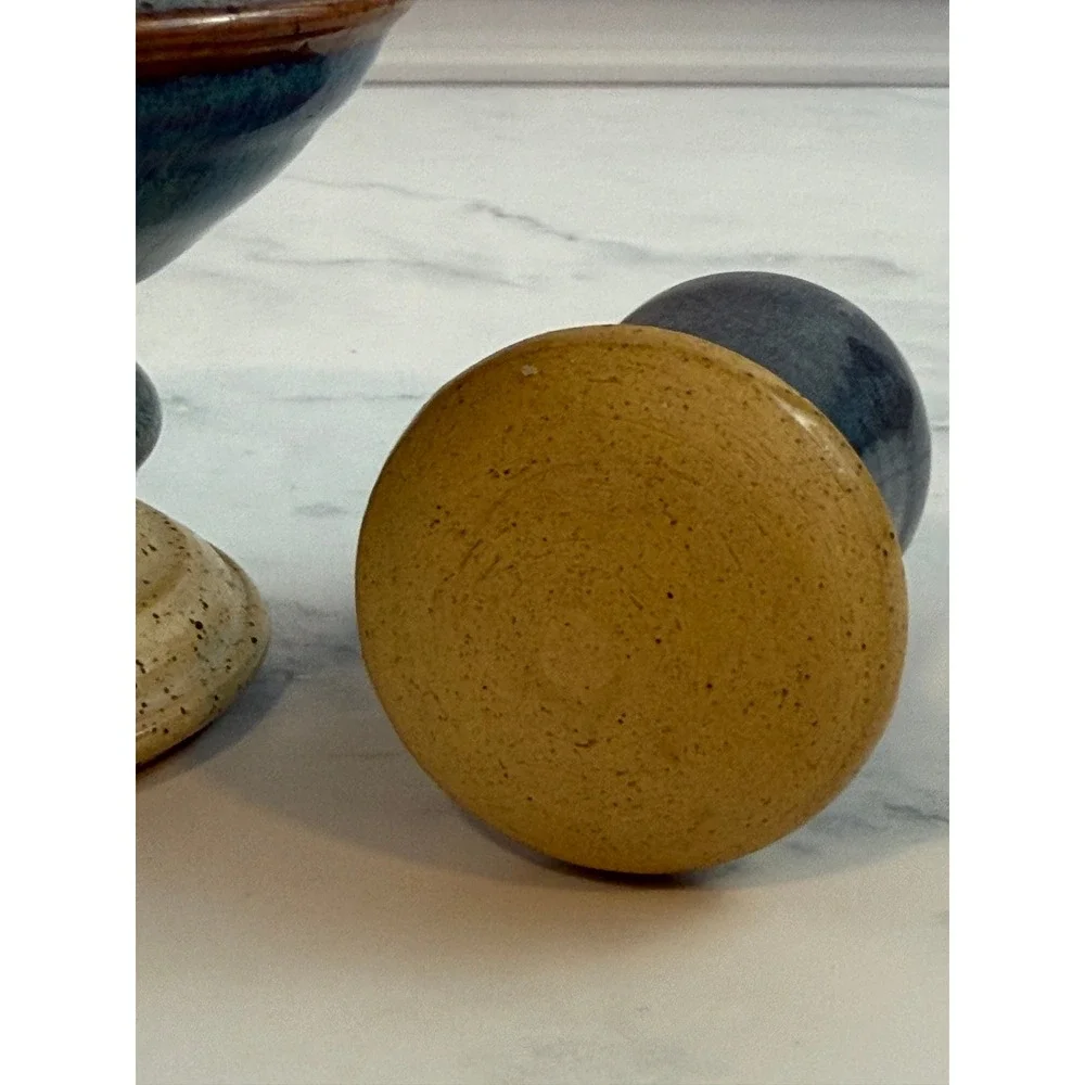 Handmade Ceramic Studio Pottery Blue Drip Glaze Mortar and Pestle